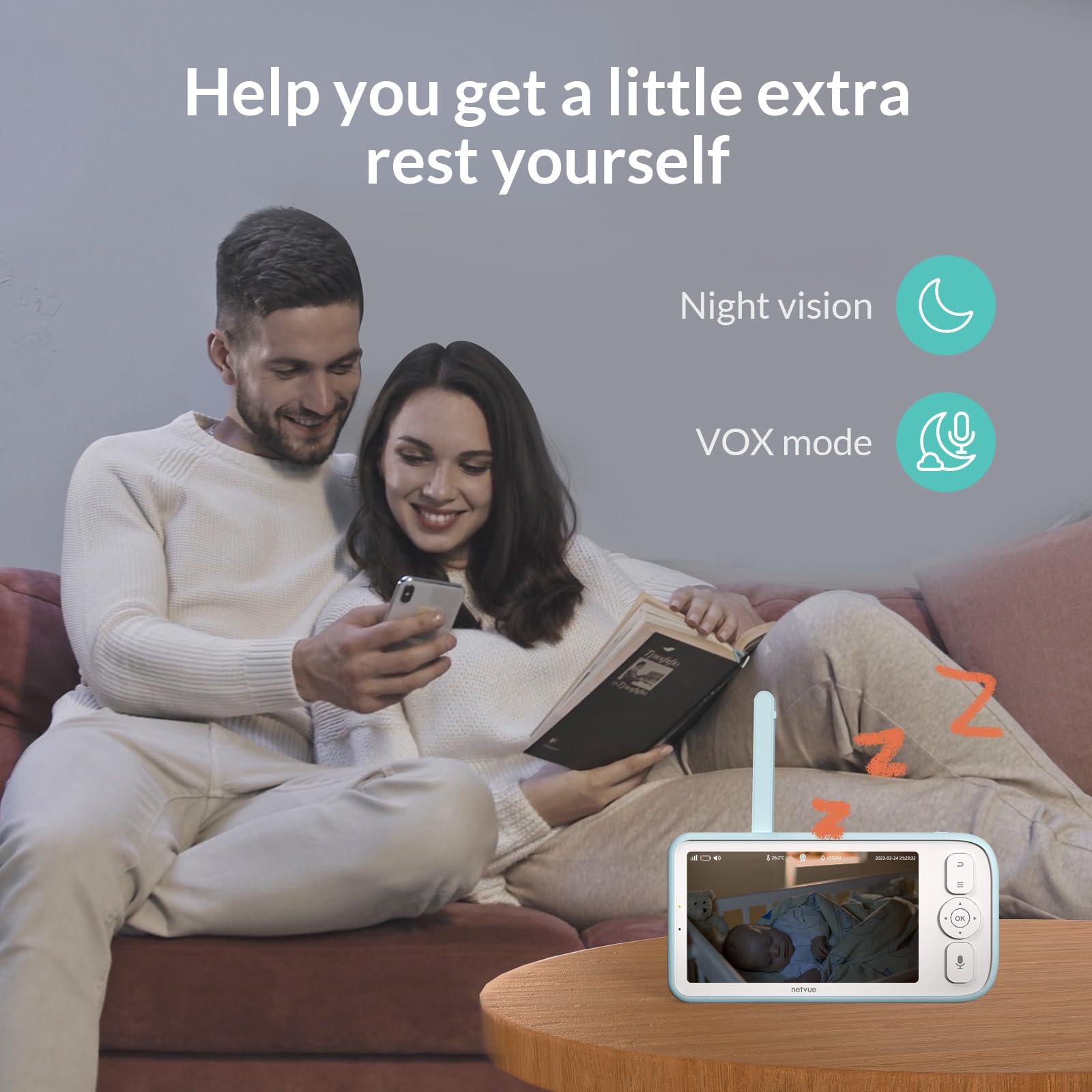 NETVUE Upgraded Baby Monitor Camera, 5000mAh Baby Camera Monitor Audio, Moniteur Bébé with Cry Detection, 5