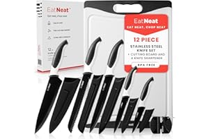 EatNeat 12 Piece Knife and Cutting Board Set: Premium Sleek Non-Stick Stainless Steel Chef Knife with Protective Sheaths & Sharpener - Cooking Gifts Idea - Ergonomic Sharp Knives for Kitchen