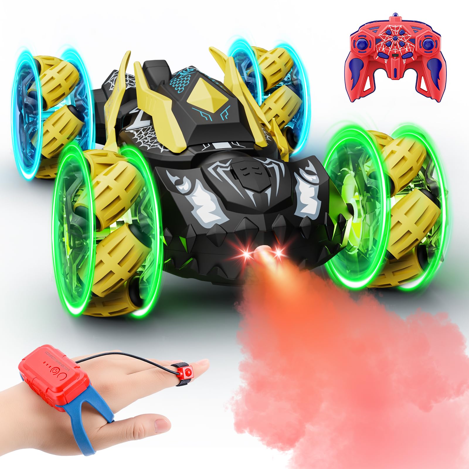 Qryselen Remote Control Car, RC Cars Toys for Ages 4-13, Double Sided 360°Flip 2.4GHz 4WD Rechargeable Drift RC Race Car with LED Lights Boys Girls Toys (Yellow) — image 1