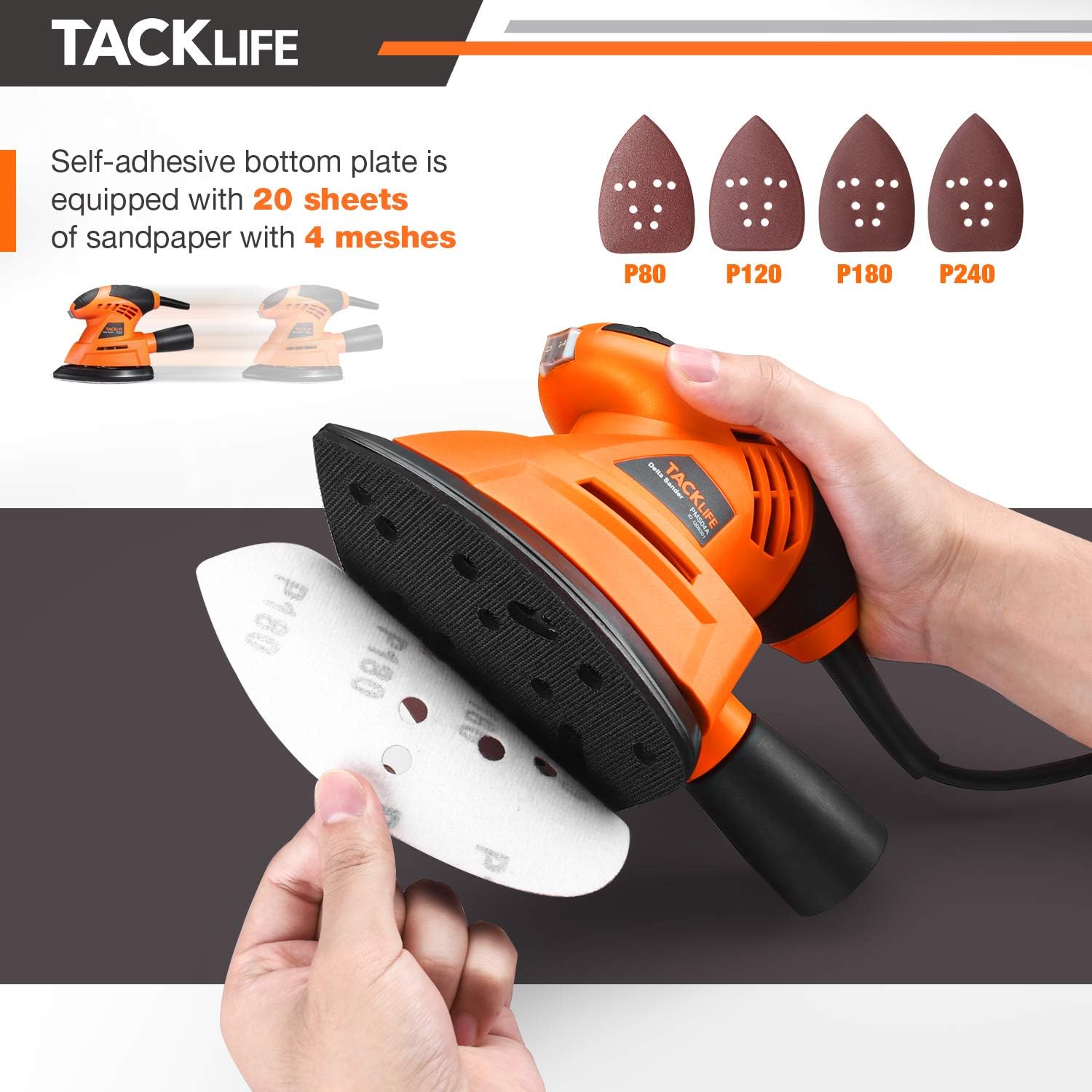 TACKLIFE Mouse Detail Sander, 12000 OPM Electric Sander with 20Pcs Sandpapers, Vacuum Cleaner Connecting Pipe, Applied in Multiple Situations, for Tight Spaces Sanding in Home Decoration, DIY PMS04A - - 