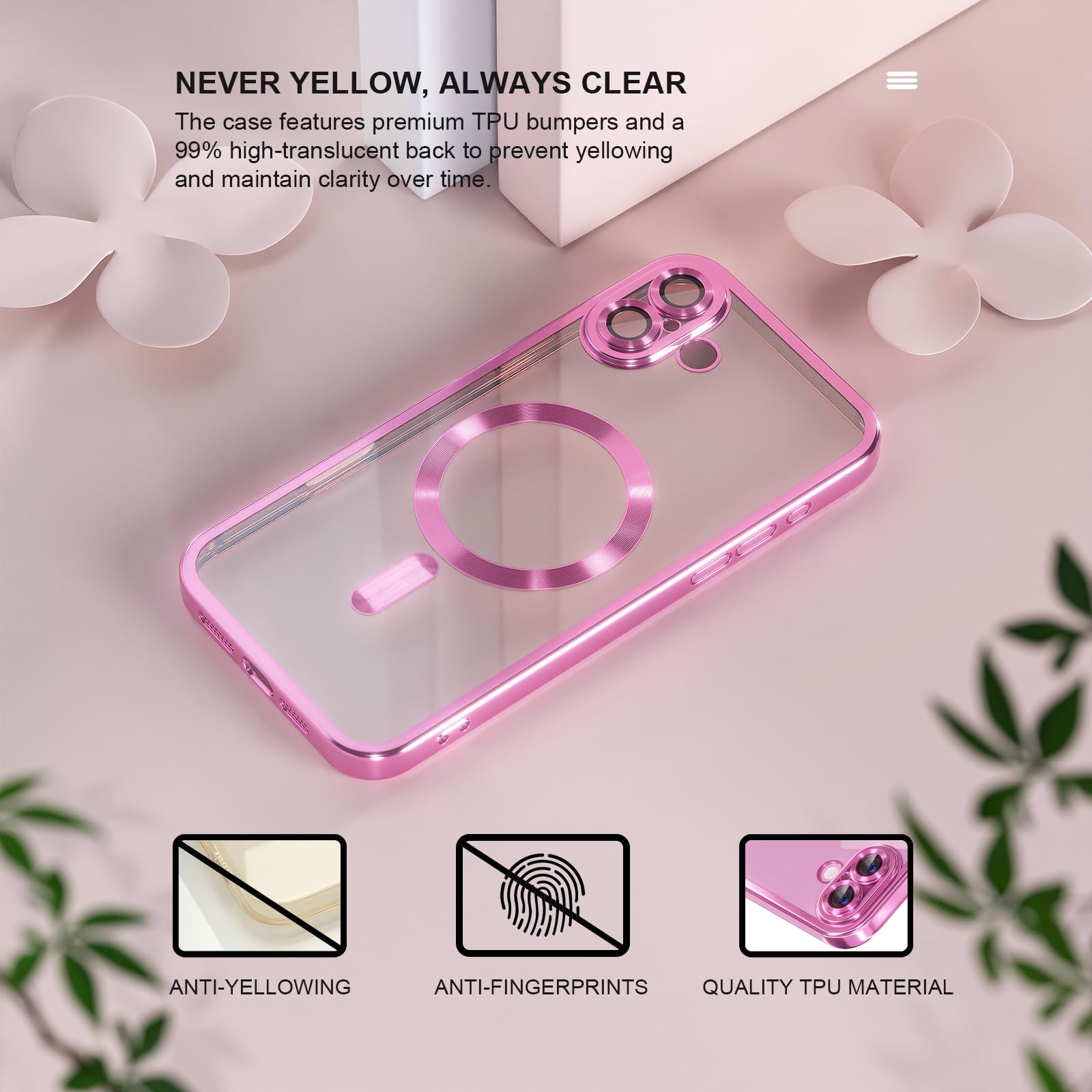 Misea Magnetic iPhone 16 Plus Case with MagSafe, Never Yellowing | Military Grade Drop Protection | Full Camera Lens Protector | Plating Soft Clear Phone Case | for Women Girls | 6.7 inch | Hot Pink