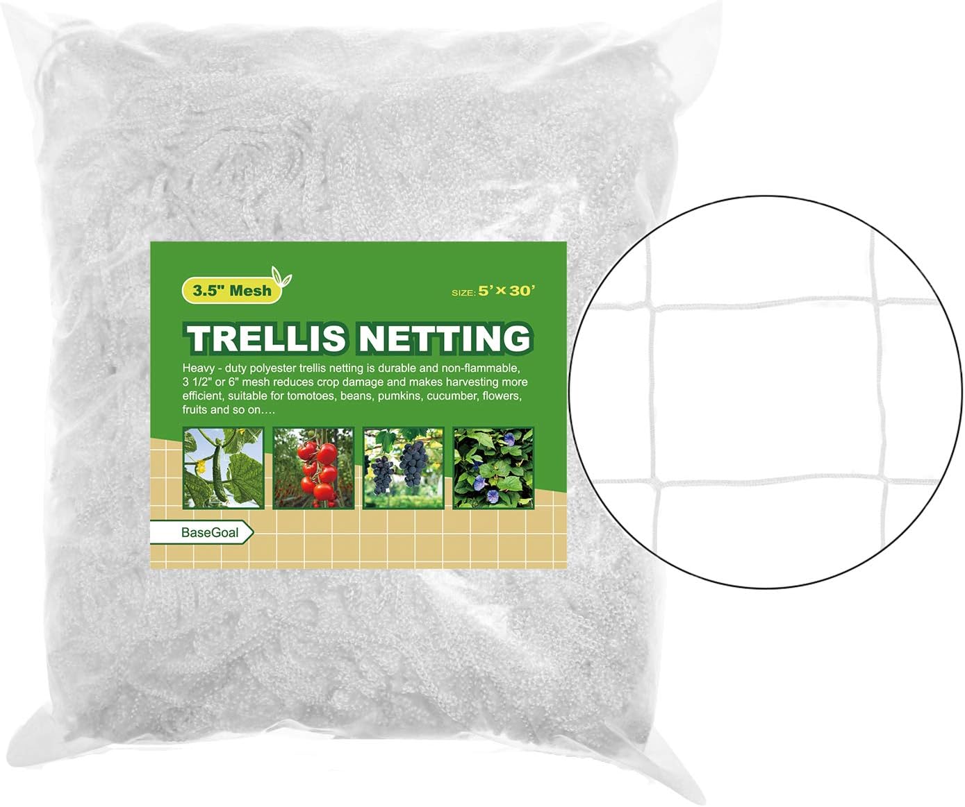 BaseGoal All-Weather Trellis Netting Mesh Plant Garden Vine Growing Flexible String Net (3.5" Mesh ployester, 5' Wx 60'L)
