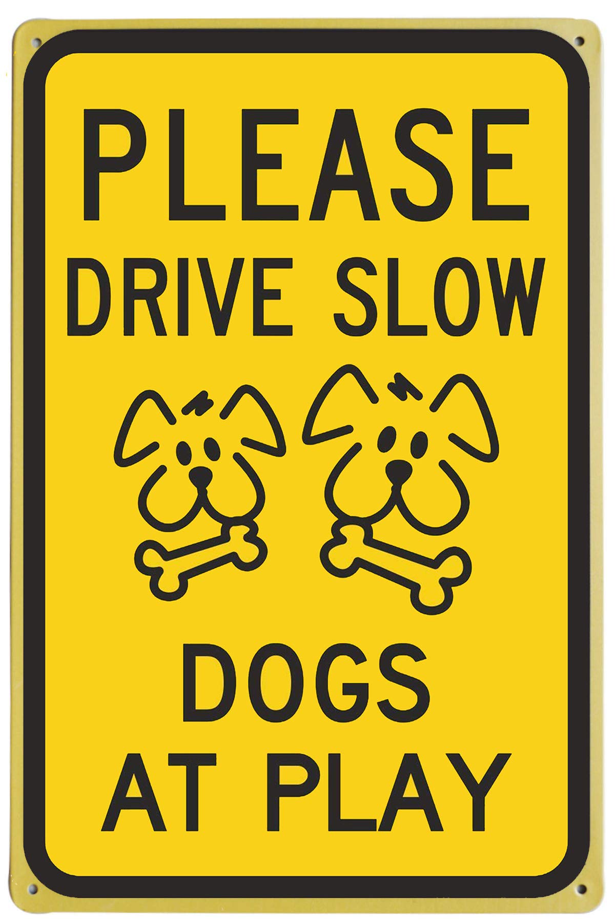 LASMINE Please Drive Slow - Dogs at Play Sign, 8" X 12" Tinplate, Rustic Style, Multi Color, Wall Mount, Safety Sign for Traffic, Home/Garden Decor