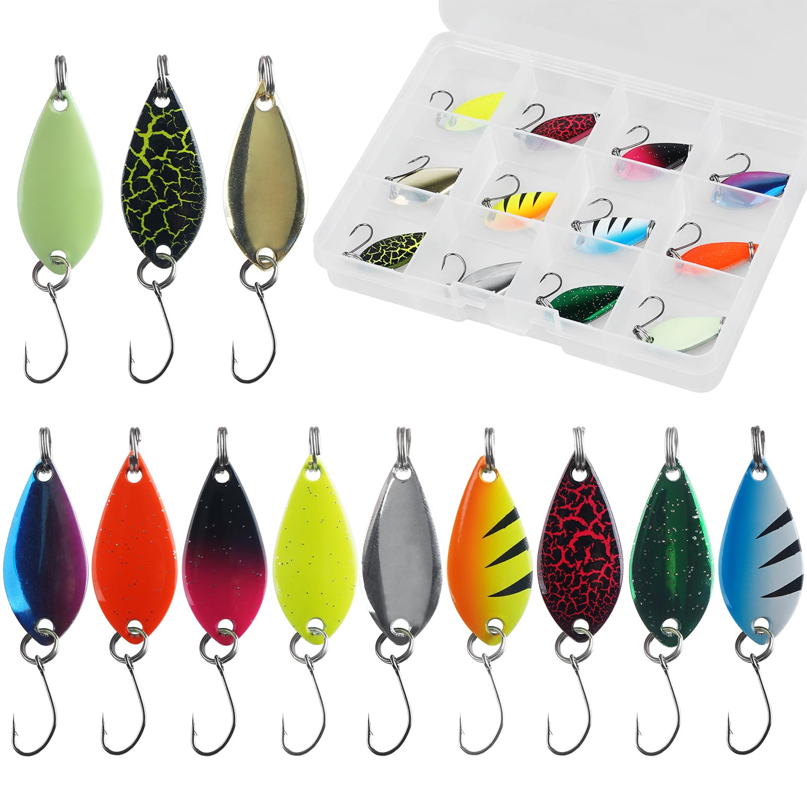 Fishing Spoon Lures Kit, 12pcs Hard Baits Metal Trout Spoon Lures Fishing Jigs Spinner Lures Single Hook Trolling Spoon for Trout Pike Bass Crappie(12pcs Kit-5g/each)