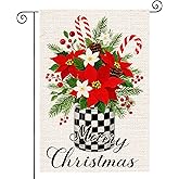 HOMETITUTE Welcome Garden Flag 12x18 Inch Merry Christmas Poinsettia Garden Flags Burlap Double-Sided Candy Cane Pinecones Holiday Banner Winter Flag for Yard Lawn Decoration