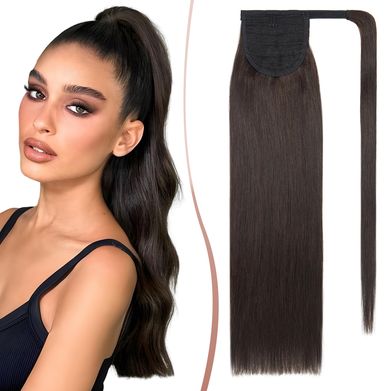Elailite Human Hair Ponytail Extension Straight - Wrap Around Clip in Ponytail 100% Real Remy Human Hair (18 Inches, #2 Dark Brown)