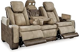 Signature Design by Ashley Next-Gen DuraPella Power Reclining Sofa – Wireless & USB Charging, Zero-Gravity, Water-Repellent Faux Leather, Tan/Brown