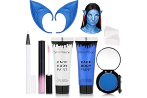 FAGLOWMIFY 8pcs Avatar Makeup Kit,Navy Blue White Face Paint, Royal Blue Face Paint for Smurf Mystique Cosplay,Lip Gloss,White UV Eyeliner, Short Elf Ears,Single Eyeshadow,Halloween Body Paint Set with 2 Sponges