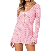 Saodimallsu Womens Crochet Cover Up Long Sleeve Sexy Bodycon Sheer Knit Summer Beach Swimsuit Coverup Cut Out Mini Dress