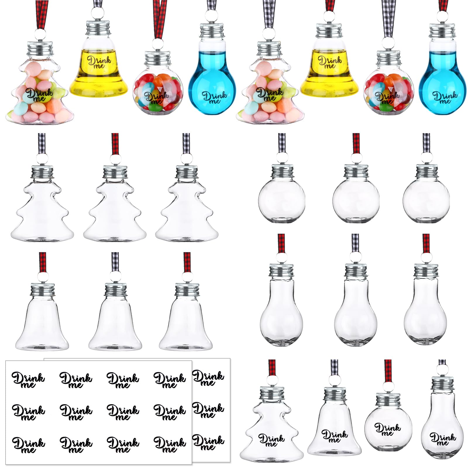 Photo 1 of 24 Pcs Christmas Booze Balls Christmas Fillable Booze Assort Style Tree Ornaments with Buffalo Plaid Ribbon Stickers Clear Plastic Xmas Pendant Ball for Xmas Party (Silver)
