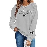 Halloween Sweatshirts Women Embroidered Salem Witch Shirts Salem Massachusetts Spooky Season Long Sleeve Tops Lightgrey