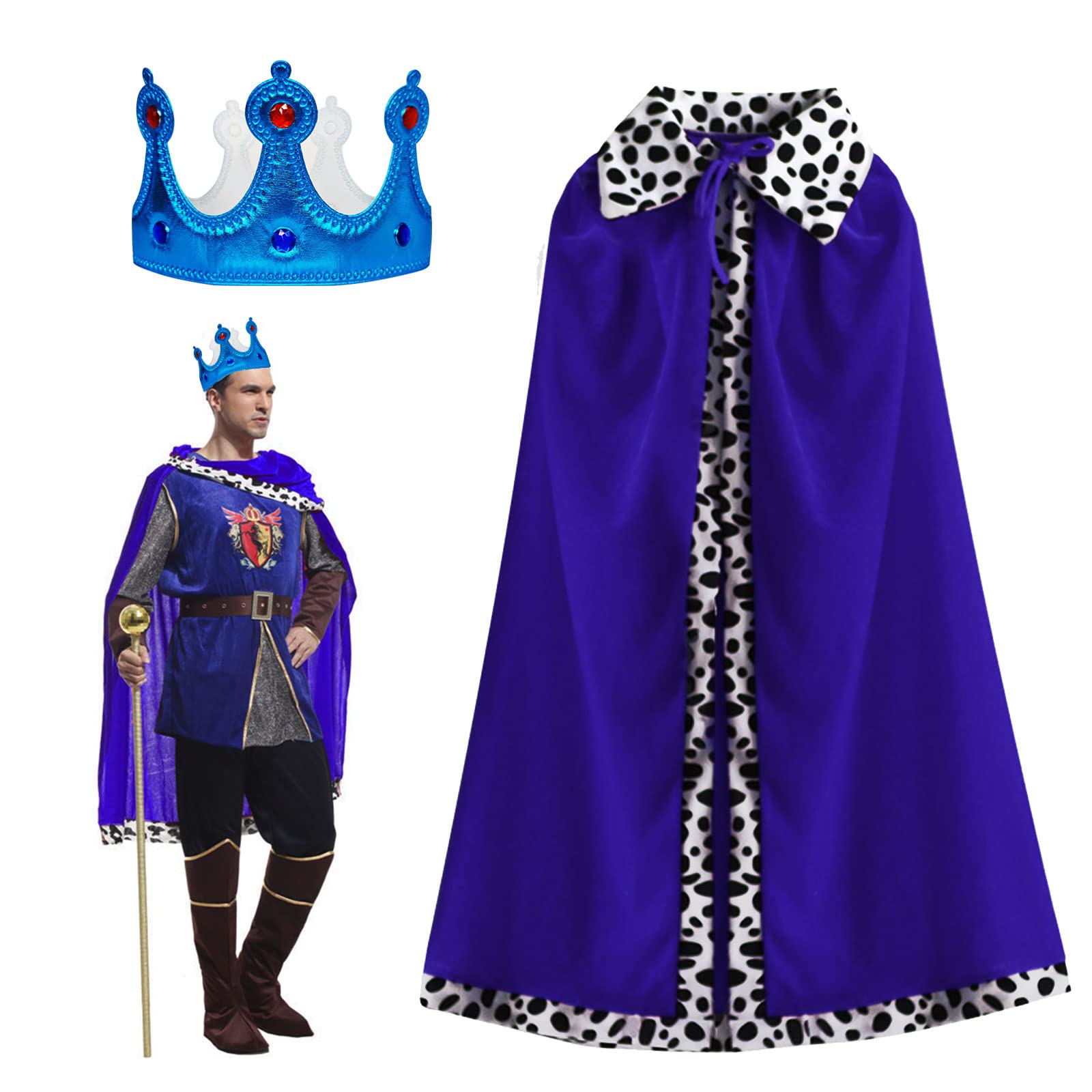 TSHAOUN Adults King Queen Costume, King Robe Queen Robe with Crown Royal Velvet Robes Fancy Dress Costume Coronation Costumes Set for Cosplay, Theme Party, Halloween, Carnival, 120cm (Blue)