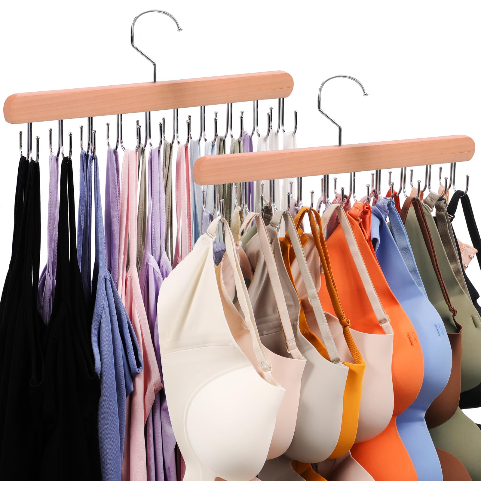 Photo 1 of 2 Pack Tank Top Hanger, 40 Hooks Large Capacity Bra Hanger, Bra Hangers for Closet Organizer & Storage, Tank Top Hangers Space Saving, Standard Hangers for Sports Bras, Tank Top (Wood, 2 Pack)