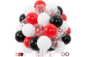 ZIZASARY 100pcs Red and Black Balloons, 12inch Red and White With Confetti Balloons for Class of 2025 Graduation, Birthday Decorations, Baby Shower, Casino, Race Car Party Supplies (2 Ribbons)