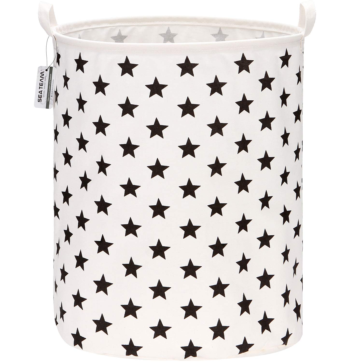 Sea Team 19.7 Inch Large Sized Waterproof Coating Ramie Cotton Fabric Folding Laundry Hamper Bucket Cylindric Burlap Canvas Storage Basket with Stylish Black Stars Design — image 1