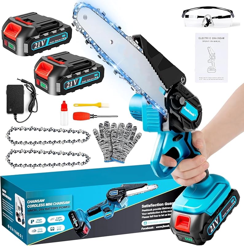 Mini Motosega a Batteria per Potatura, 1000W Motore Brushless, 6 Pollici Motosega Elettrica con 2*2000mAh Batterie di grande capacità, 2 Catene e Blocco di sicurezza per il Taglio Del Legno e Giardini