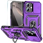 SunStory Phone Case for iPhone 16 Case with HD Screen Protector & Slide Camera Cover & Rotated Ring Kickstand, [Military-Grade] Phone Case for iPhone 16 6.1" (Purple)