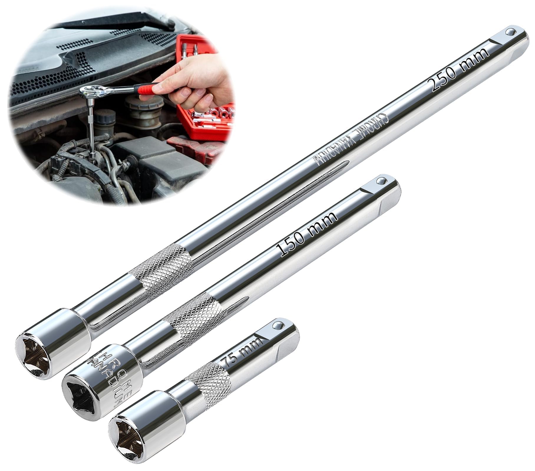 TXXATX 3-Piece CR-V Steel Drive Socket Extension Bar Set (75/150/250 mm) for Ratchet Wrench
