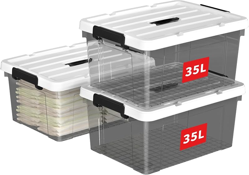 Cetomo 35L-3 Storage Boxes with Lids Stackable Nestable Clear Black