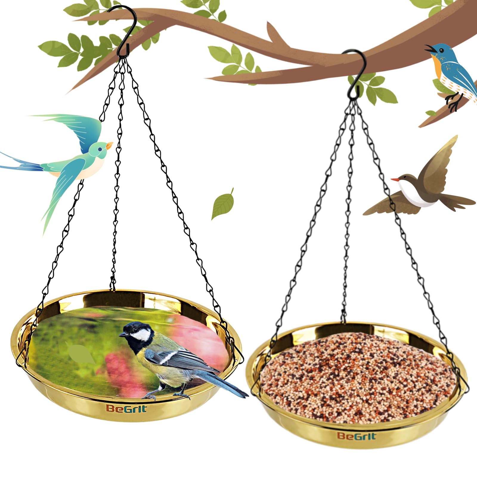 BeGrit 2 Pack Hanging Bird Bath 28cm Garden Birdbath Bowl Metal Feeding Station with Hook Hummingbirds Water Seed Tray Gold for Yard Lawn Wildlife Wild Birds Garden Oenament