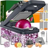 12-in-1 Vegetable Chopper 7 Blades, Veggie Cutter with Handle, Grey | Stainless Steel Blades, Food Container and Lid, Dicer, Slicer, Julienne, Egg Separator, Non-slip Base, Include Cleaning Tools