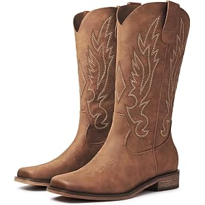 Foscape Women's Square Toe Cowboy Boots Mid Calf Low Chunky Heel Cowgirl Boots Western Embroidered Retro Pull On Country Boot