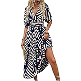 SweatyRocks Women's Summer Half Sleeve Wrap V Neck Smocked A Line Midi Dress
