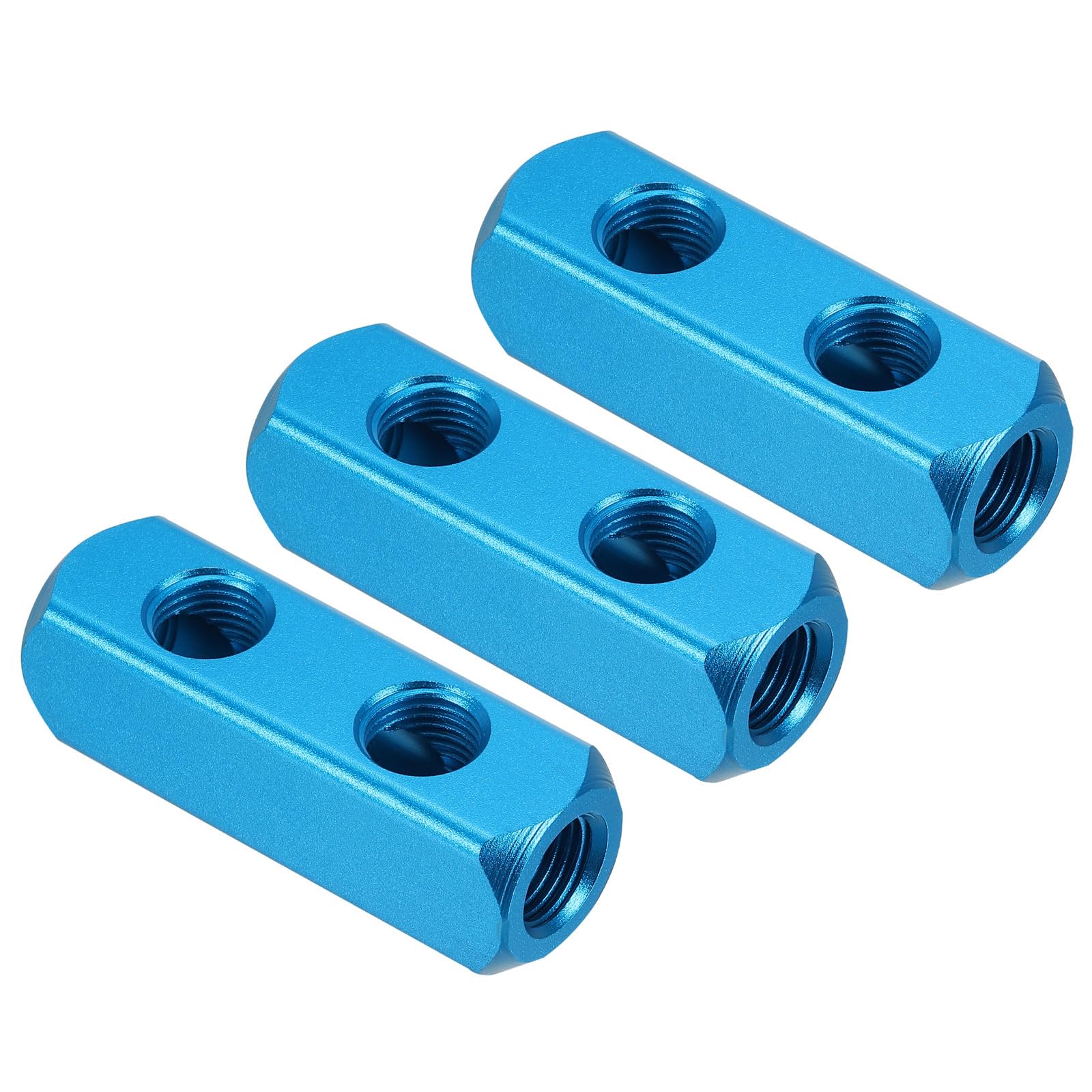 PATIKIL 2 Way 5 Port Air Manifold, 3 Pack G1/4 Inch Aluminum Air Hose Inline Manifold Block Splitter Pneumatic Air Hose Fitting, Blue