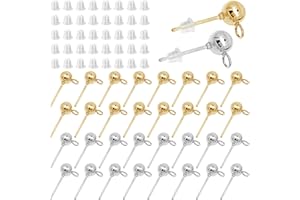 OUBAKA 120Pcs Hypoallergenic Ball Studs for Jewelry Making,Round Ball Earring Posts Balls Post Earring Studs with Loop and 200Pcs Clear Earring Backs for DIY Jewelry Making(KC Gold and White K)