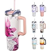 THILY 40 oz Stainless Steel Tumbler with Handle - Vacuum Insulated Travel Cup, Splash-Proof & Leakproof Lid, 2 Straws & Brush | Keeps Cold 34H/Hot 12H, Cupholder Friendly, Lotus Flower