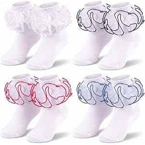 QHANSHIEE 4 Pairs Women Big Ruffle Socks, Double Lace Turn Cuff Frilly Ankle Socks,Cotton Dress Bobby Sock for Women