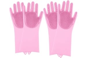 PEOKPIPLE 2 pairs Silicone Dishwashing & Pet Grooming Gloves - 2-in-1 Heat Resistant Gloves with High-Density Teeth, Enhanced Five Finger Design for Bathing, Cleaning Dishes, Cars, Dogs & Cats (Pink)