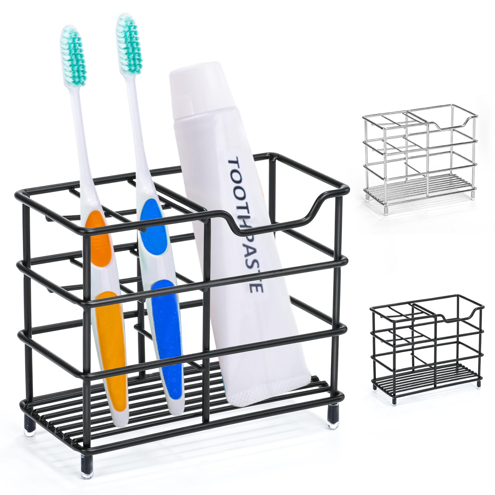 ONLYQIQIU Black Toothbrush Holder for Bathroom Organiser Storage, 5 Slots Ventilated Toothbrush Stand Mould-Proof, Multifunctional Small Toothbrush Caddy Toothpaste Holder Stainless Steel