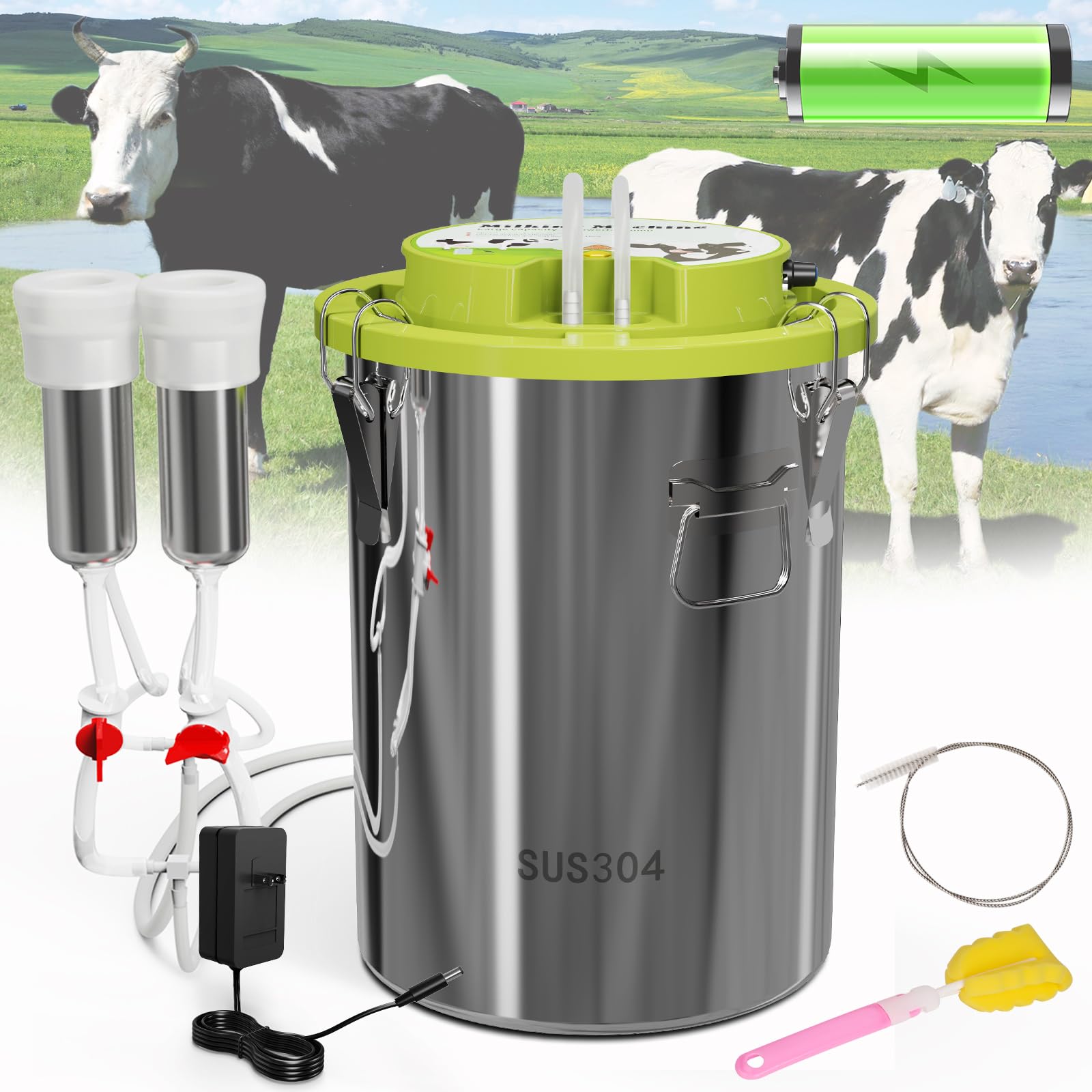 Photo 1 of 16L Cow Milking Machine Protable Adjustable Rechargeable Battery Powered Pulsation Vacuum Electric Milker with 304 Stainless Steel Milk Bucket and 2 Teat Cups,Livstock Milking Machine
