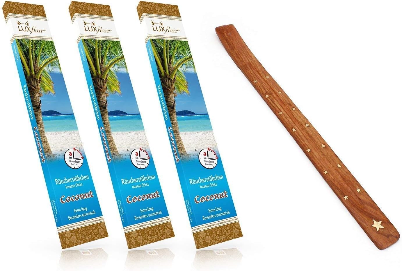 3x Giant garden incense Coconut + free XXL incense holder, 3hrs burning time per piece, 20pcs supply pack, extra long and very aromatic summer scent, ideal for BBQ, camping, festival and many more.