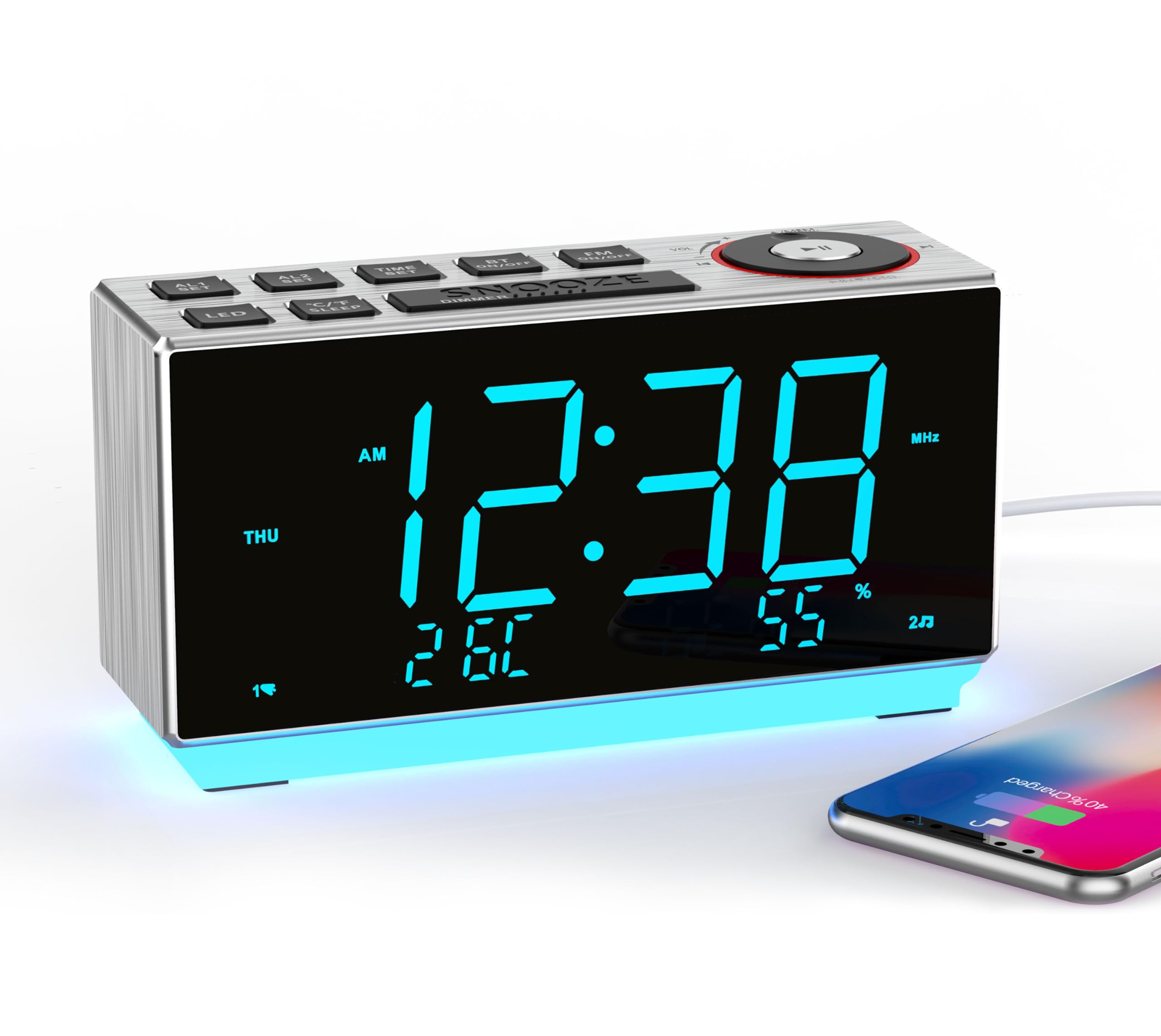 iTOMA Dual Alarm Clock with FM Radio, USB Charging, 1.8'' LED Display, Night Light, Snooze, Dimmer Control, Bluetooth Speaker, Temperature & Humidity Display CKS508
