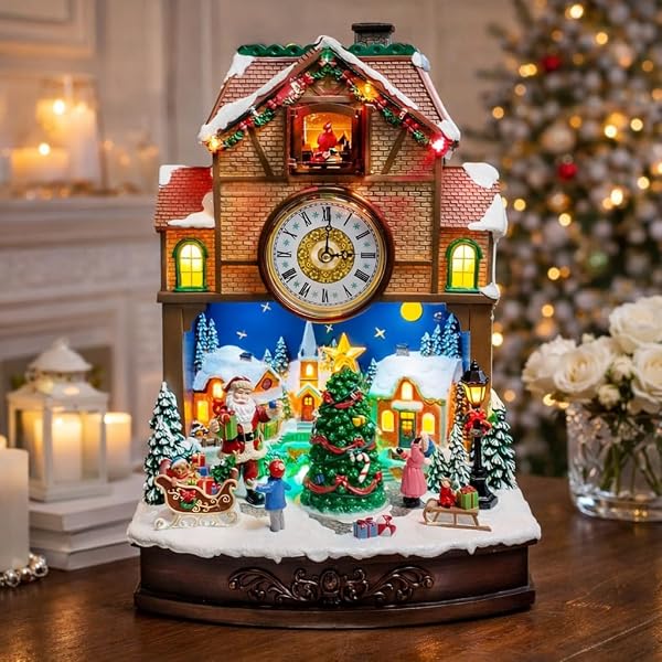 MOMENTS IN TIME CHRISTMAS VILLAGE CUCKOO CLOCK ANIMATED SANTA & TREE SCENE WITH LED LIGHTS AND MUSIC PLUG-IN ADAPTER HOLIDAY TABLETOP DECORATION (17.5”H)
