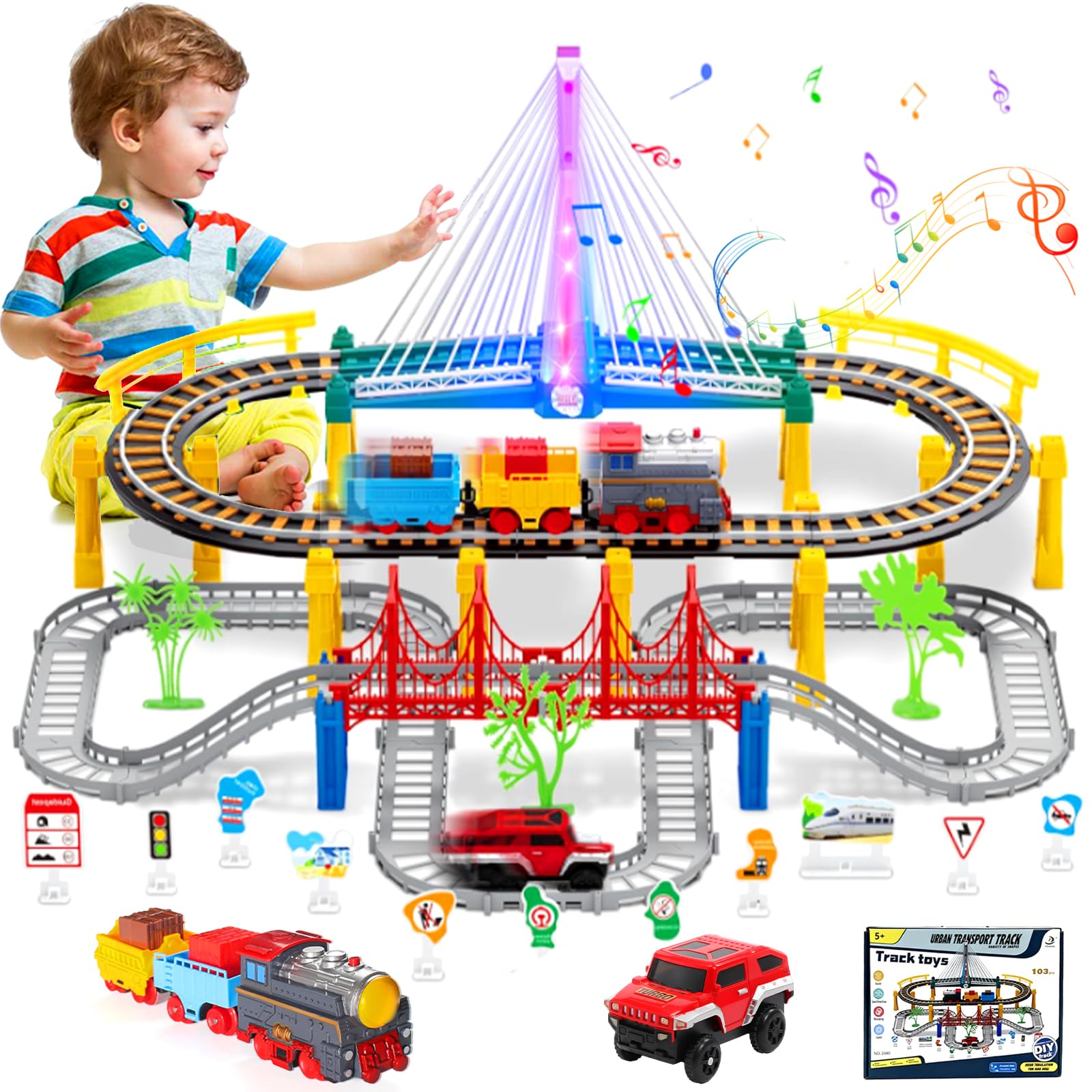 Tatqilo Electric Train Set for Kids, 103-Pcs Train Track Accessory Set with Bridges, Lights & Sounds, DIY Car Tracks, Educational Toy for Boys and Girls Aged 4, 5, 6, 7, 8+, Birthday