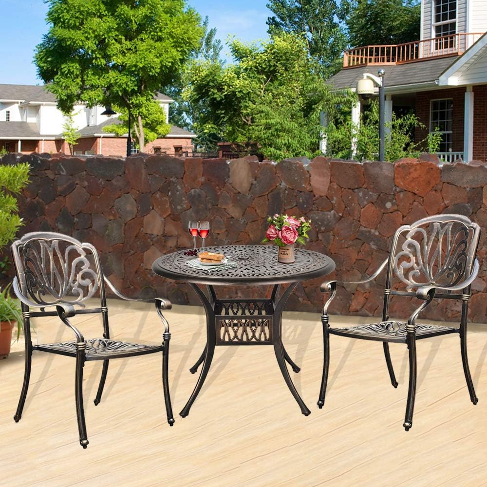 USSerenaY 3 Piece Cast Aluminum Bistro Set Outdoor Bistro Table Set Patio Furniture Sets with 2 Arm Chairs, Umbrella Hole, Antique Bronze Finish (2 Chairs + 1 Table Set): Garden & Outdoor