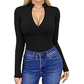 HERLOLLYCHIPS Womens Long Sleeve Tops Short Sleeve V Neck Zip Up Mock Turtle Neck Ribbed Sexy Casual Shirts