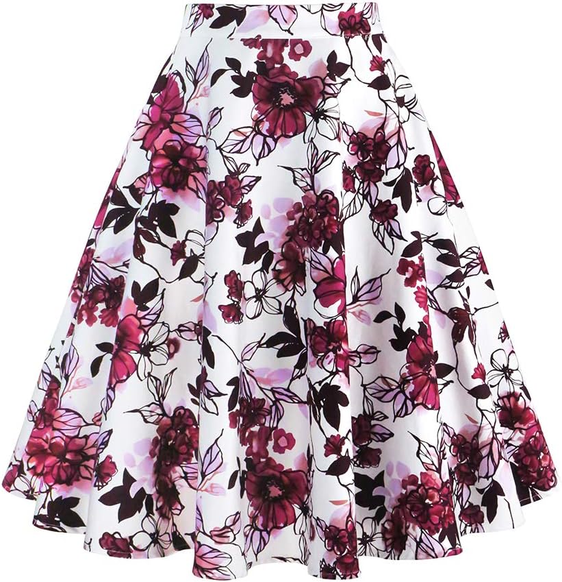 Women's 50s Vintage Floral Skirt High Waisted A Line Casual Midi Skirts