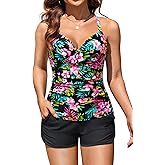 Womens Tankini Swimsuits with Shorts - Two Piece Tummy Control Bathing Suits Top with Two Pockets Swim Bottom