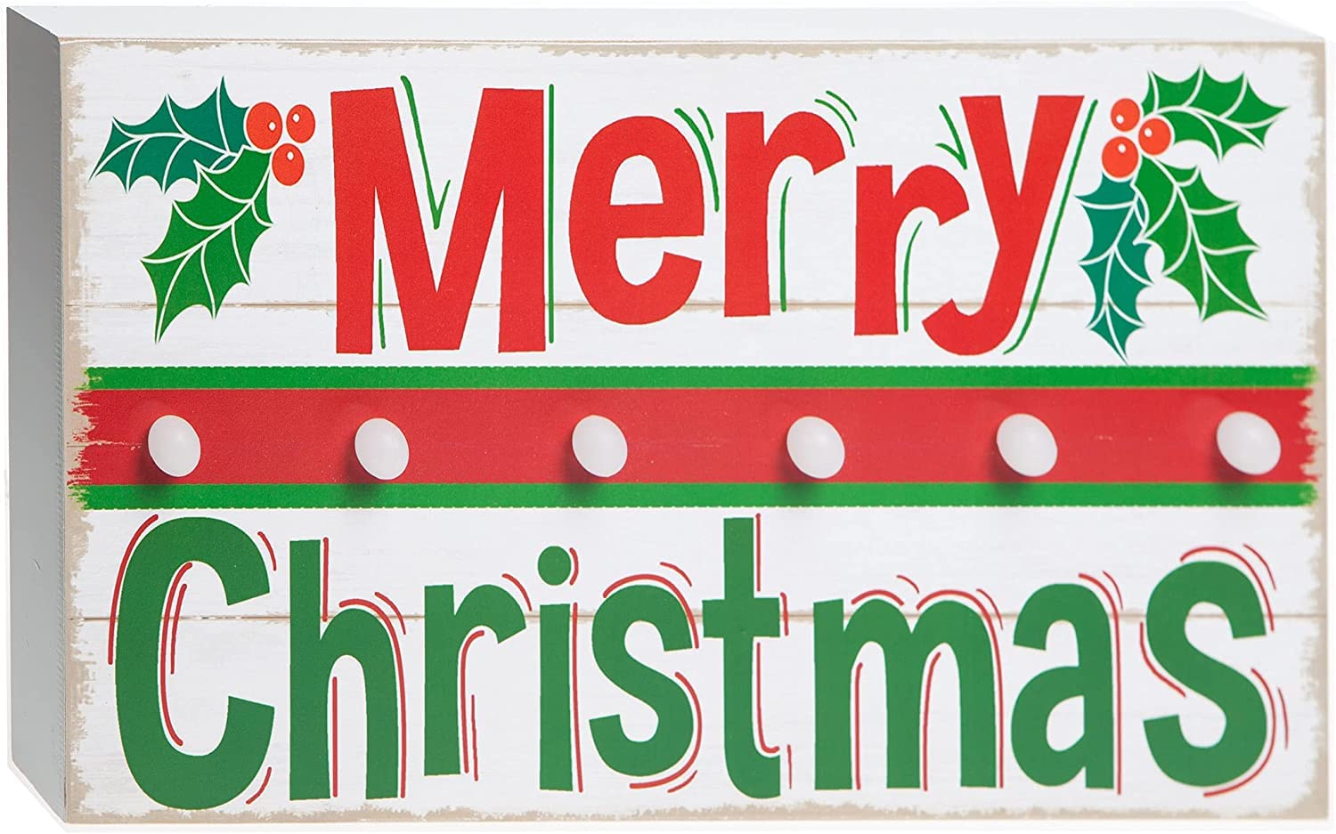 VFM - Light Up Decoration Plaque - Merry Christmas - Festive Green, Red & White Battery Operated 40cm Plywood Xmas Slogan Sign With 6 Twinkling Lights