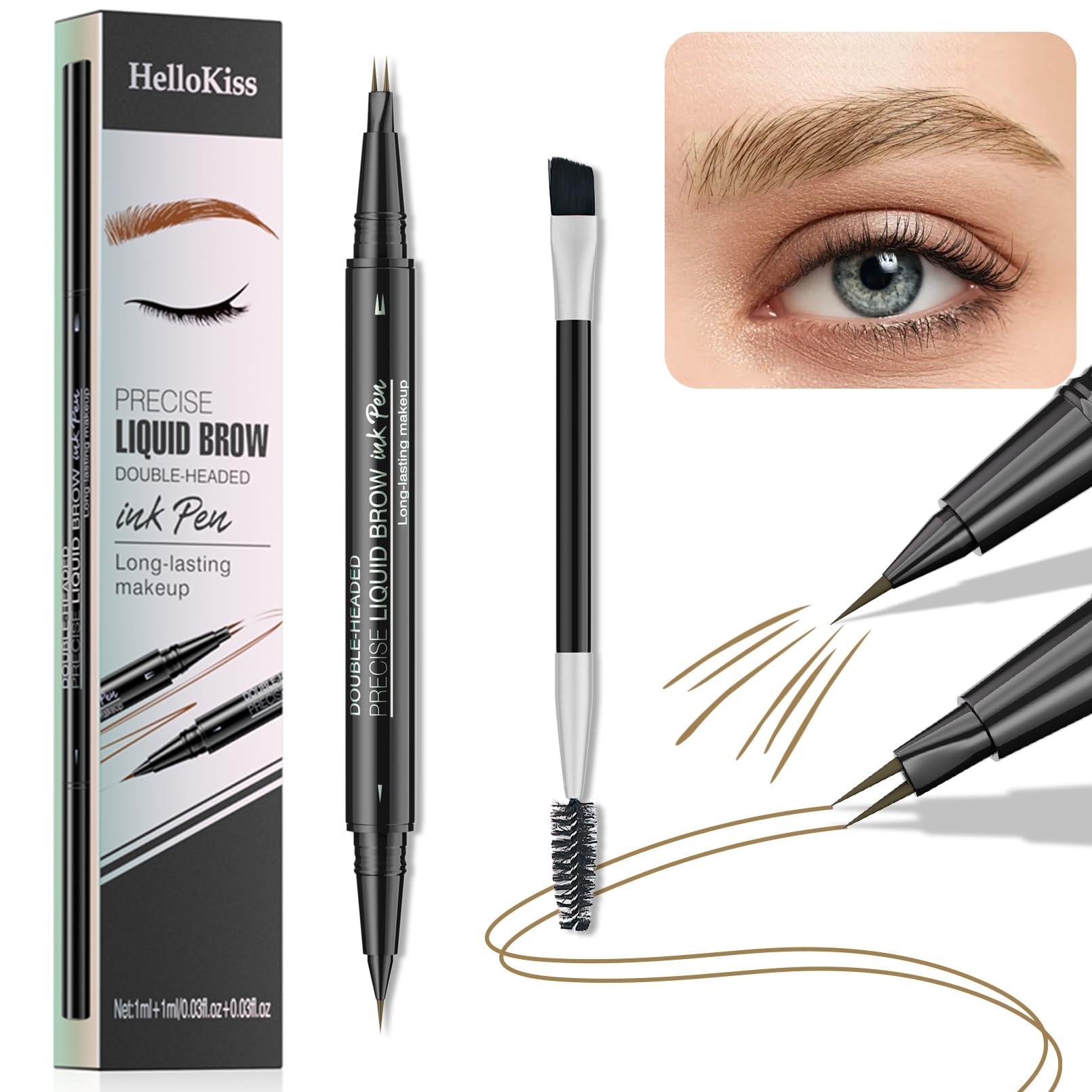 Liquid Eyebrow Pen - New Double Headed 2 Tip Eyebrow Pen with Brow Brush, Eyebrow Contouring Pen for Natural Looking Defined Eyebrows (# 01)