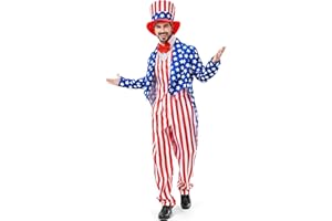 Boveco Uncle Sam Costume 4th of July for Men 6pcs Deluxe American Flag Suit Set Independence Day Patriotic for Party Cosplay