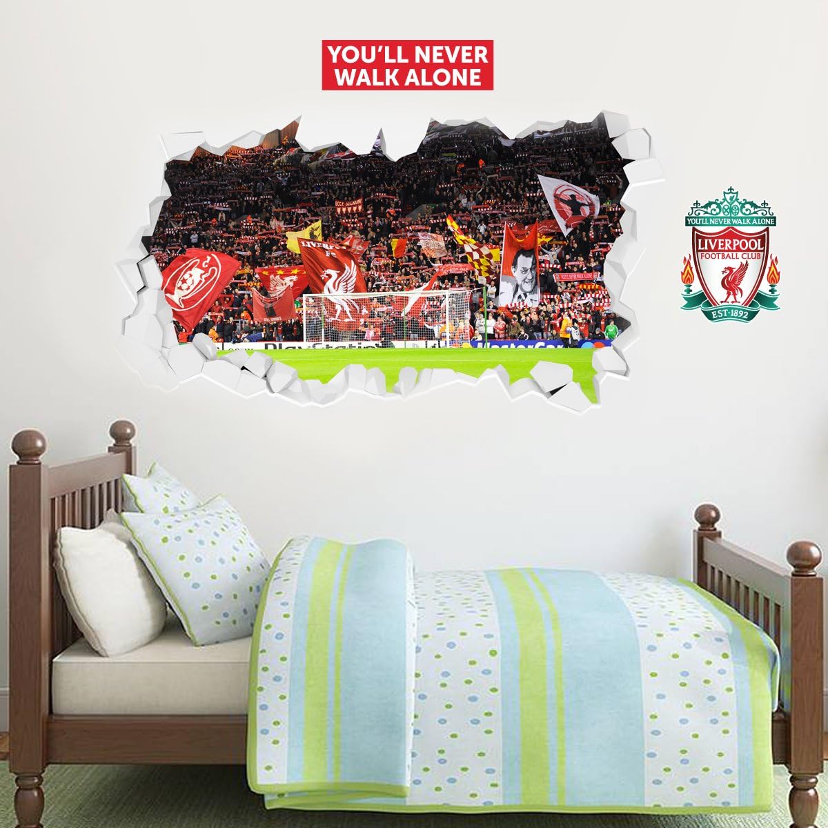 Beautiful Game Liverpool Football Club European Night The Kop Broken Wall Stadium Mural + LFC Wall Sticker Set (120cm x 60cm)