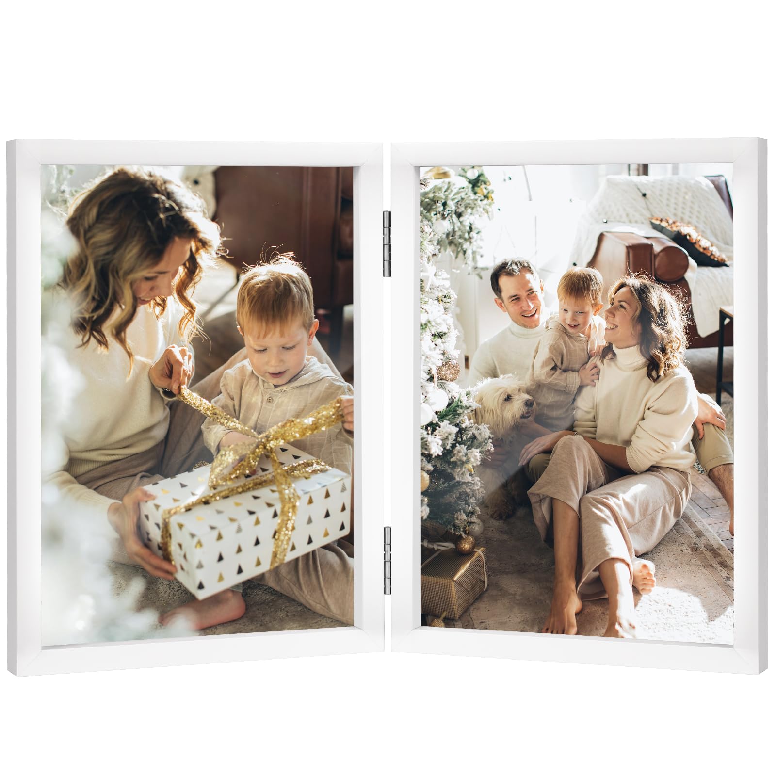 Double Photo Frame 5x7 Hinged Folding Wood Picture Frame with Glass Front Stand Vertical on Desktop White