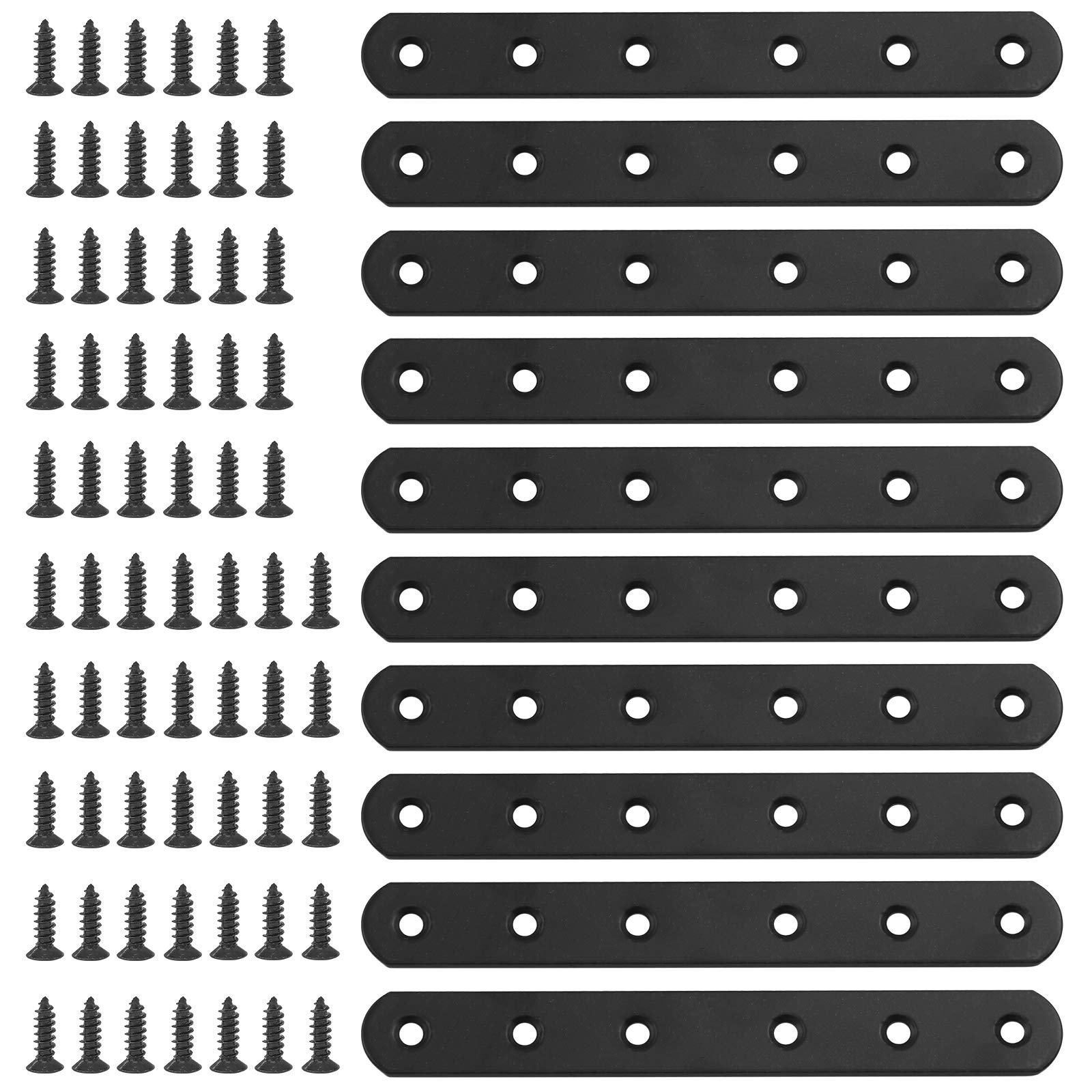 Glarks 10Pcs 160mm Flat Straight Corner Brace Black Metal Joint Plate Connector Repair Fixing Bracket with 45Pcs Screws for Wood Furniture (160x20x3mm)