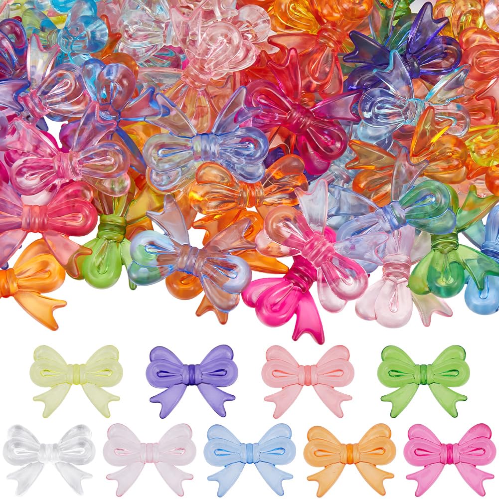 SOFPLATE 100Pcs Acrylic Bow Beads Bowknot Bead Bulk Colorful Pink Blue Green Opaque Butterfly Bows Bowknots Shaped Mini Loose Spacer Bead for Jewellery Making Bracelet Necklace DIY Crafts Accessories