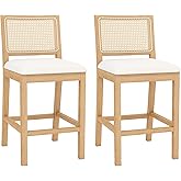 Westice Rattan Bar Stools Set of 2, 26" Farmhouse Counter Height Stools with Natural Rattan Back and Wood Frame, Upholstered 